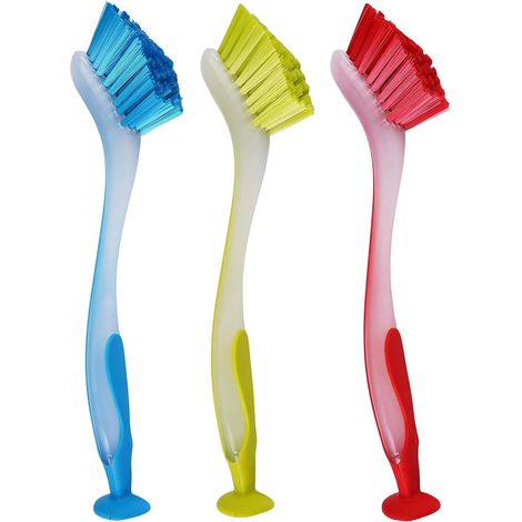 Sollbry 3 Pièces Brosse Vaisselle Cuisine avec Base à Ventouse 26×3,5cm, Brosse de Nettoyage à Usage Multiple, pour Casseroles per Assiettes, Casseroles (1/5)