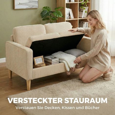 Canapé 2 places avec 2 coussins décoratifs, coffre de rangement, pieds en bois massif, petit sofa moderne, velours côtelé, beige, 117 x 63 x 79 cm
