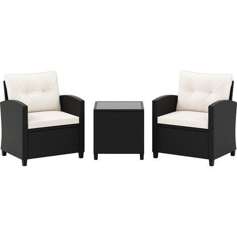 Salon de jardin blanc 3 pièces en résine tressée avec table basse en verre trempé et coussins pour jardin, terrasse et balcon (1/5)