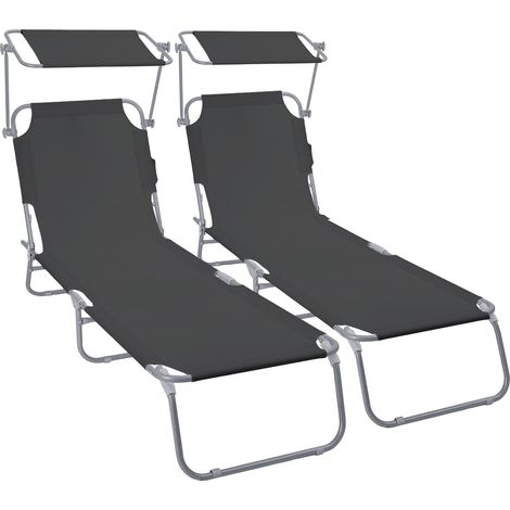 Lot de 2 Chaise Longue avec Pare Soleil Bain de Soleil Pliable Tissu Polyester Inclinable 4 Positions Transat Charge Max 120KG pour Jardin Terrasse Piscine Plage Camping Noir (1/5)