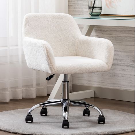 Silla de oficina de felpa sintética blanca, giratoria y regulable en altura DESVIAE (1/5)