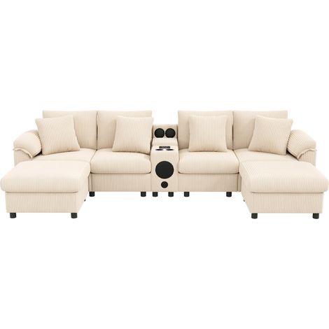 Divano modulare a U o L in velluto a coste beige con altoparlante Bluetooth e console (1/5)