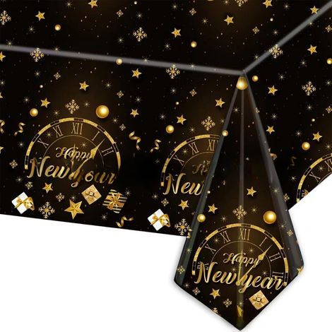 Bonne Année Nappe Plastique Rectangulaire Anti Tache,137274cm Nappe de Table Or Noir Rectangulaire Imperméables Lavable Extensible,pour Décoration Table,Anniversaire,Fournitures Nouvel An Fête (1/5)