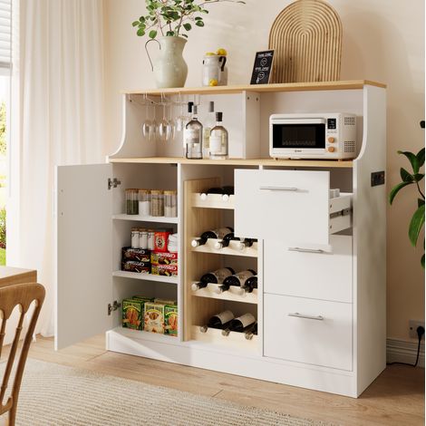 Bar-Schrank 120x40x121 cm Weiß/Natur aus MDF mit LED, Steckdose, Weinregal und Gläserhalter (1/5)