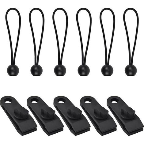 Lote de 10 pinzas para bâche/tente, motivo mâchoire de crocodile, avec tendeurs à boule et cordon élastique pour bâches, auvents, camping, housses de voiture, noir.