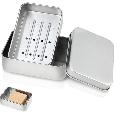 Porte-savon amovible en aluminium, 9,9 x 7 x 3 cm, format voyage, avec couvercle, distributeur de savon à vidange automatique. (1/5)