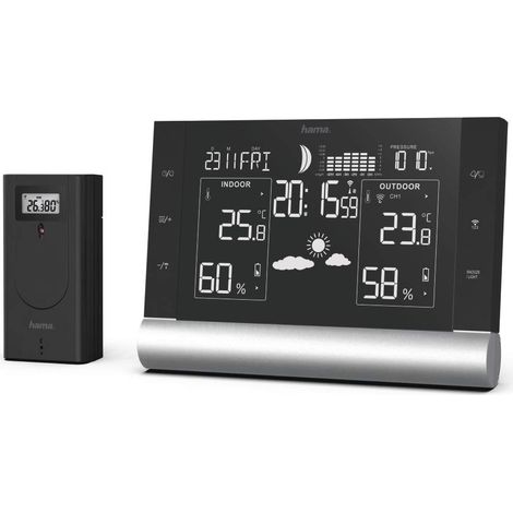 Hama Stazione meteo radio con sensore esterno tedesco (con previsioni meteo, stazione meteo interna ed esterna, radio con previsioni meteo, termometro, orologio radio DCF) nero (1/4)