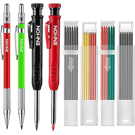 Lot de 4 crayons de charpentier marqueurs de trou profond avec 40 mines, crayons de charpentier avec taille-crayon intégré, outils de marquage de crayon mécanique pour chantier de construction (1/4)