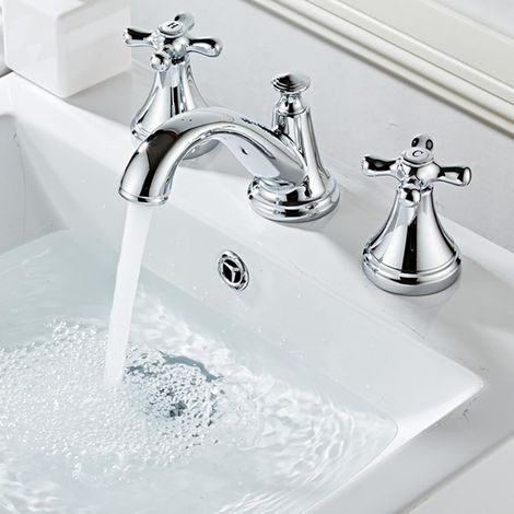 Grifo mezclador de tres orificios para lavabo de baño, grifo de lavabo de doble manija para agua fría y caliente, grifo totalmente de cobre (1/4)