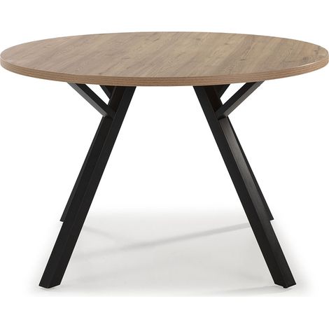 Table à manger, table de repas ronde aspect bois naturel et pieds en métal noir - diamètre 120 x Hauteur 77 cm (1/4)