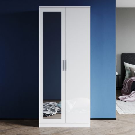 ELEGANT Wardrobe White High Gloss 2 Soft Close Doors Bedroom Furniture Storage Include White Shelf + Metal Hanging Rail and Mirror (1/5)