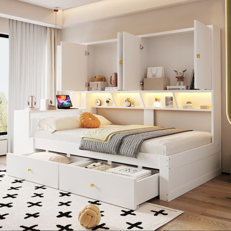Cama individual multifunción 90x200 cm con escritorio, armarios, cajones, LED y enchufe, blanca (1/5)