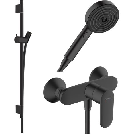 Pack mitigeur douche mécanique HANSGROHE Vernis Blend + Barre Unica S Puro + flexible + Pommeau Pulsify Select 3 jets noir mat