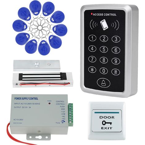 Kit de système de contrôle d'accès autonome avec serrure magnétique de 180 kg/350 lb, alimentation 12V 3A, bouton de sortie et 10 porte-clés RFID 125 kHz pour le contrôle d'accès du système de (1/5)