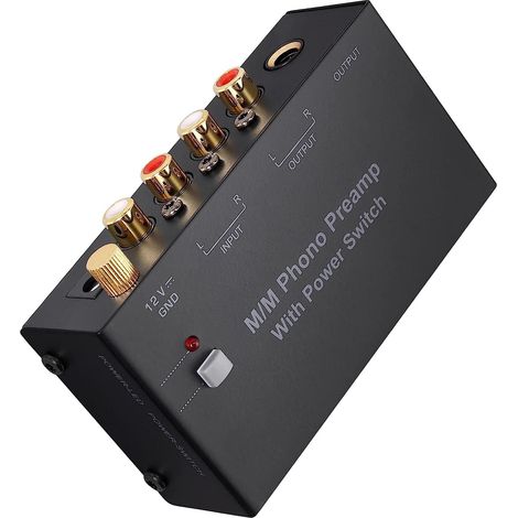 Préamplificateur Phono avec Interrupteur Double Sortie RCA + 6.35mm Sortie Casque Intégrée Adaptateur 3.5mm Inclus Connecteurs Plaqués Or Alimentation Certifiée 12V pour Platine Vinyle (1/5)