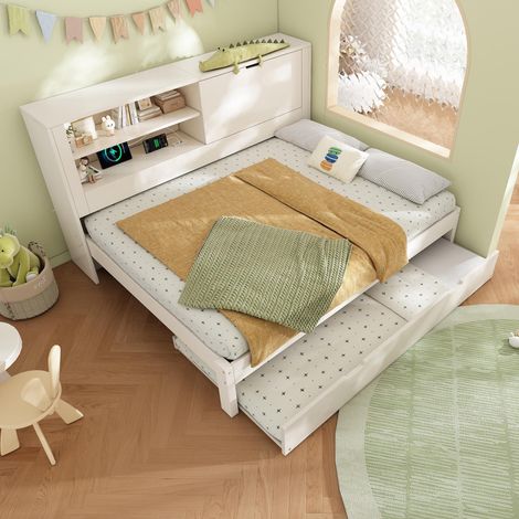Canapé-lit double 140×190 cm avec lit gigogne 90×190 cm, cadre de lit blanc avec panneau arrière de rangement, compartiment ouvert, compartiment de rangement rabattable dissimulé (1/5)
