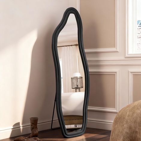 Miroir sur pied 140x45cm - Miroir plein corps irrégulier asymétrique avec bordure velours - Verre et Velours - Noir