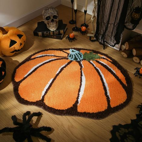 Tapis de salle de bain en forme de citrouille d'Halloween, tapis de bain en forme de citrouille lavable en machine, tapis orange, 60 x 90 cm (1/5)