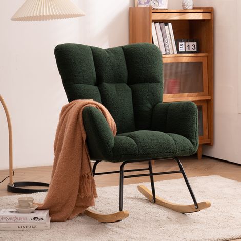 Mid Century Modern Teddy Fabric Tufted Upholstered Rocking Chair Padded Seat For Living Room Bedroom,Dark Green (1/5)