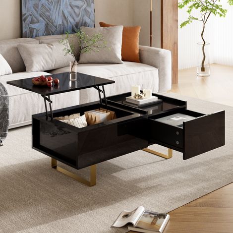 Tavolino da salotto sollevabile - 100x50x54.5cm - tavolino trasformabile con contenitore e cassetto - tavolo mdf lucido con gambe in ferro - nero e oro (1/5)