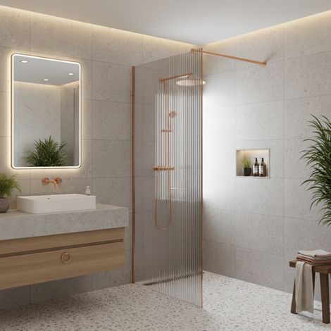 Paroi de douche italienne flûtée - 100 x 195 cm - Cuivre brossé - LINEA (1/5)