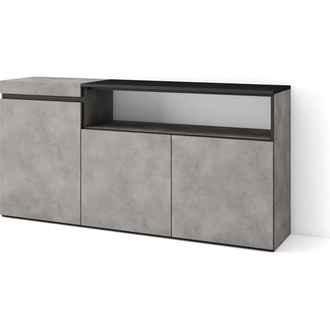 Skraut Home – Buffet moderne 150x35x75cm – 3 portes – Meuble de rangement en ciment et noir – Design épuré pour salon et cuisine (1/5)
