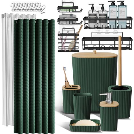 Ensemble d'accessoires de Salle de Bain 25 pièces avec étagère de Douche pour Rangement de Salle de Bain, Ensemble de Rideau de Douche Vert, Brosse WC, Poubelle, Distributeur de Savon, Porte-Brosse à (1/5)