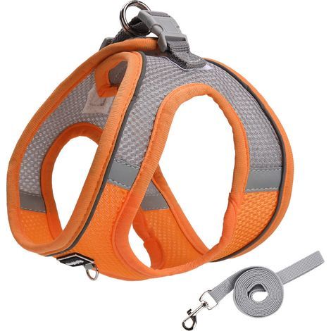 Harnais pour chat avec laisse anti-éclatement, laisse respirante avec bandes réfléchissantes, harnais pour chat, doublure intérieure douce et maille respirante, orange, taille S (1/5)