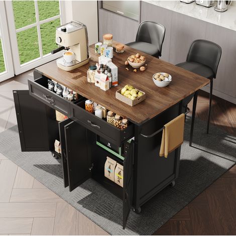 Carrito de cocina sobre ruedas 140x45x93 cm con bandeja abatible, 2 cajones, 4 puertas, en MDF y metal, negro (1/5)