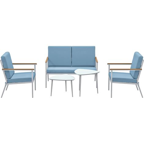 Salon de jardin extérieur 4 personnes, balcon 5 pièces avec canapé, 2 fauteuils et 2 tables basses, bleu clair - Ensemble lounge bleu clair (1/5)