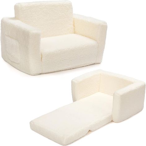 Fauteuil Enfant Convertible en Canapé-lit 2-en-1 Sherpa Doux, Cadeau pour Anniversaire et Fête des Enfants, Blanc (1/5)