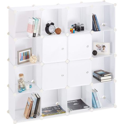 Étagère Rangement 16 Casiers Portes Modulable DIY Assemblage Plug In Bibliothèque, Plastique 127 x 31, 5 cm, Blanc, 31.5 x 127 cm (1/5)