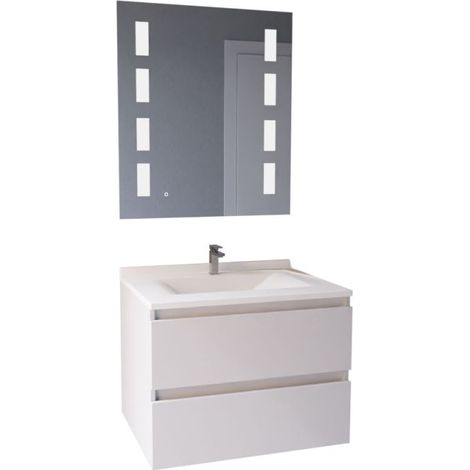 Meuble double vasque 70 cm – Caisson MDF laqué blanc – 2 tiroirs avec coulisses haut de gamme – Miroir LED 70 cm – Éclairage 1000 lumens – Arlequin