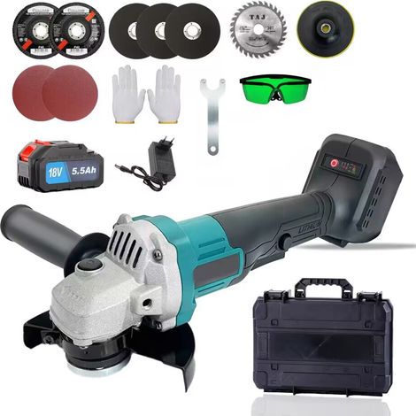 Meuleuse d'angle sans fil, compatible avec Makita, sans balais, disque de meuleuse de coupe 18 V, meulage de 125 mm avec batterie de 5,5 Ah, pour enlever la peinture et le coulis, pour meuler, couper (1/5)