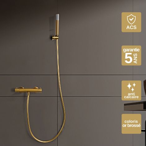Mitigeur Douche Thermostatique or brossé Pommeau Anti-Calcaire - Design Moderne - Kit Complet GENOVA IMEX (1/4)
