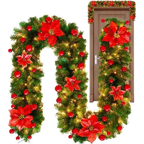 Pali natalizi, decorazioni per porte, decorazioni per albero di Natale, ghirlanda oro e rossa, pali natalizi con illuminazione a LED, 2,7 m per decorazioni natalizie da interni (1/5)