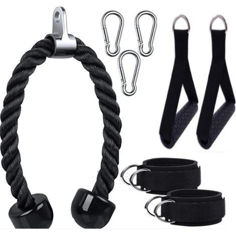 Lot de cordes de fitness avec 2 poignées d'exercice, 3 mousquetons, corde de triceps pour machine à câble, accessoires de gym, noir (1/5)