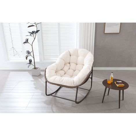 Fauteuil à bascule extérieur en osier tressé, grand modèle en forme d’œuf avec coussin épais, confortable pour intérieur/extérieur – balcon, terrasse, jardin, porche, cour, blanc (1/4)