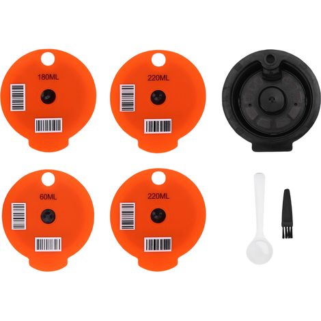 Capsule de café réutilisable en polypropylène rechargeable avec couvercle orange, goupillon et cuillère pour les machines à café. (1/5)