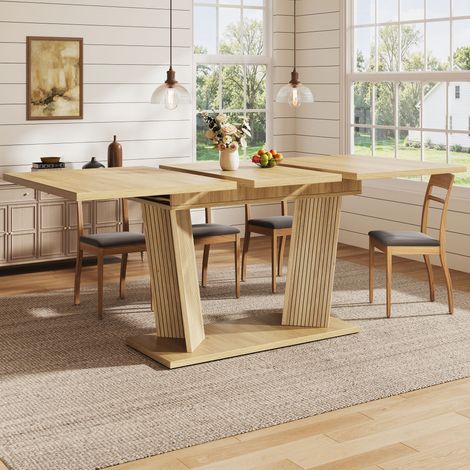 Table à manger extensible 120-160x80x76 cm, table de repas rectangulaire avec pieds doubles rainurés, effet bois, MDF, Naturel et brun clair (1/4)