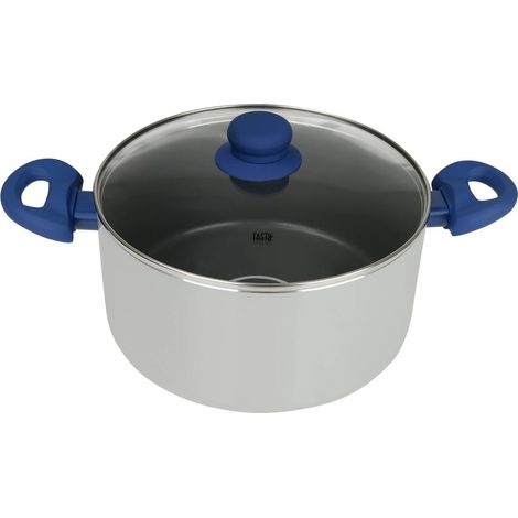 Casserole 24 cm avec Couvercle, Antiadhésif, Faitout Tous Feux Dont Induction, Four Jusque 130°C, Système Dosage d'Huile, Lave-Vaisselle, Aluminium Pressé, Verre, Gris, Bleu (1/5)