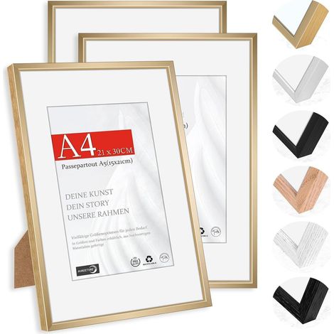 Bilderrahmen 3er-Set DIN A4 Champagner Gold Aluminium mit Passepartout A5, Wandmontage & Tischaufsteller (1/5)