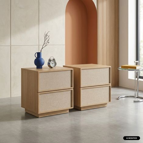 sweeek - Lot de 2 tables de chevet décor bois et tissu 2 tiroirs naturel - Kuba (1/5)