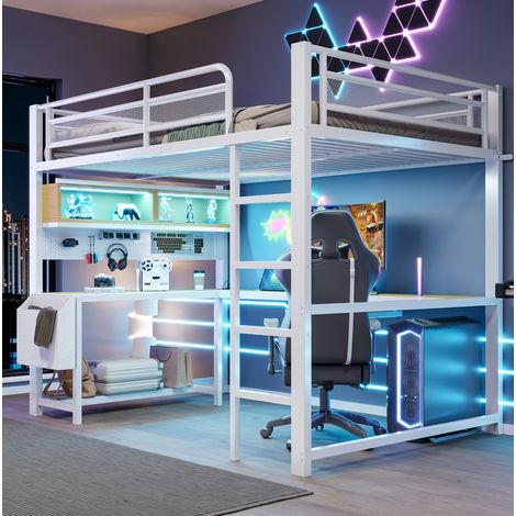 Letto a soppalco 140 x 200 cm con scrivania, contenitori, LED e stazione di ricarica bianco OKMYHOME (1/5)