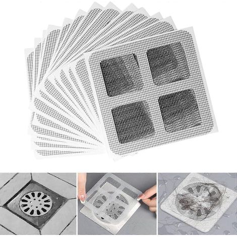Confezione da 100 adesivi per scarichi a pavimento, impermeabili e autoadesivi, con rete per catturare i capelli, per cucina, bagno, vasca da bagno e lavanderia. (1/5)