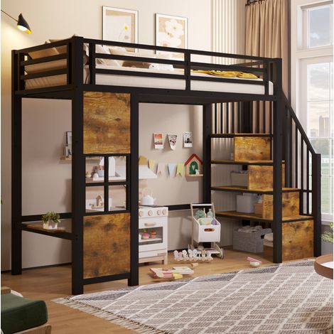 Etagenbett 90x200 cm in Schwarz aus Metall und MDF mit Stauraumtreppe und offenem Bereich (1/5)