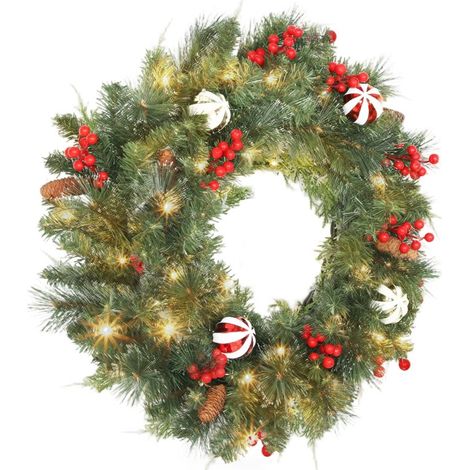 Couronne de Noël lumineuse de 60 cm de long, avec 50 LED, une minuterie, 146 pointes, des pommes de pin, des baies, des boules décoratives et du feuillage vert (1/5)