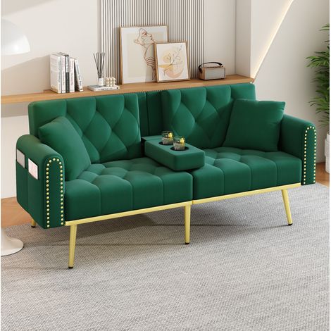 Canapé-lit 175x80x73.5 cm vert en velours avec dossier réglable et porte-gobelet (1/5)