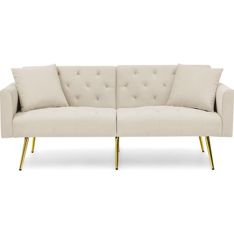 Canapé 2 places moderne en velours, dossier réglable sur 3 positions, 2 coussins inclus, pieds métalliques dorés, confortable et facile d'entretien pour salon et petit appartement,beige (1/5)
