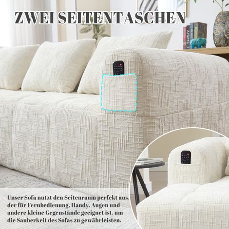 Canapé d'angle en L 3 places, tissu chenille moderne, méridienne et accoudoirs, 3 coussins, poche télécommande, beige, livré monté (1/5)